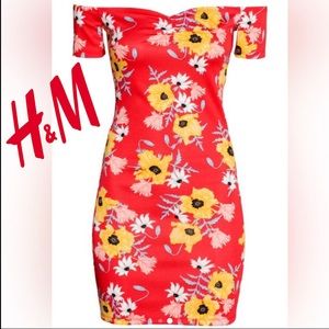 15 | 🌻 H&M Divided Short Sleeve Off Shoulder Floral Bodycon Dress Size 14 Large